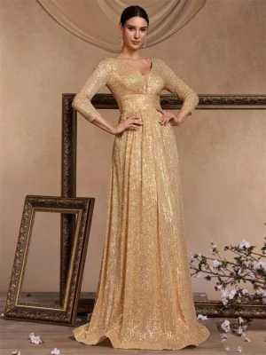 Lucyinlove Luxury V Neck Long Sleeves Blue Sequins Formal Evening Dress Women 2024 Wedding Party Prom Maxi Cocktail Dress Gowns - Image 5