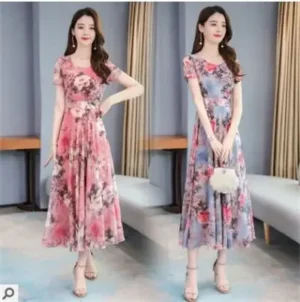 Spring Summer V-neck Ice Silk Print Slimming Knee-length Dress Fashionable Korean Style Long Skirt Girls Style Made in China - Image 4
