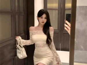 Sexy Off-Shoulder Dress For Women Autumn New Slimming Flare Sleeves Hollow Lace Bodycon Skirt Smooths Your Silhouette