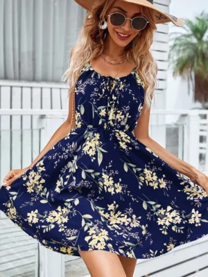 Sexy Floral Print Short Dress Women Summer Fashion Black Backless Beach Sundress Casual Sleeveless Lace-up New In Dresses 2024 - Image 5