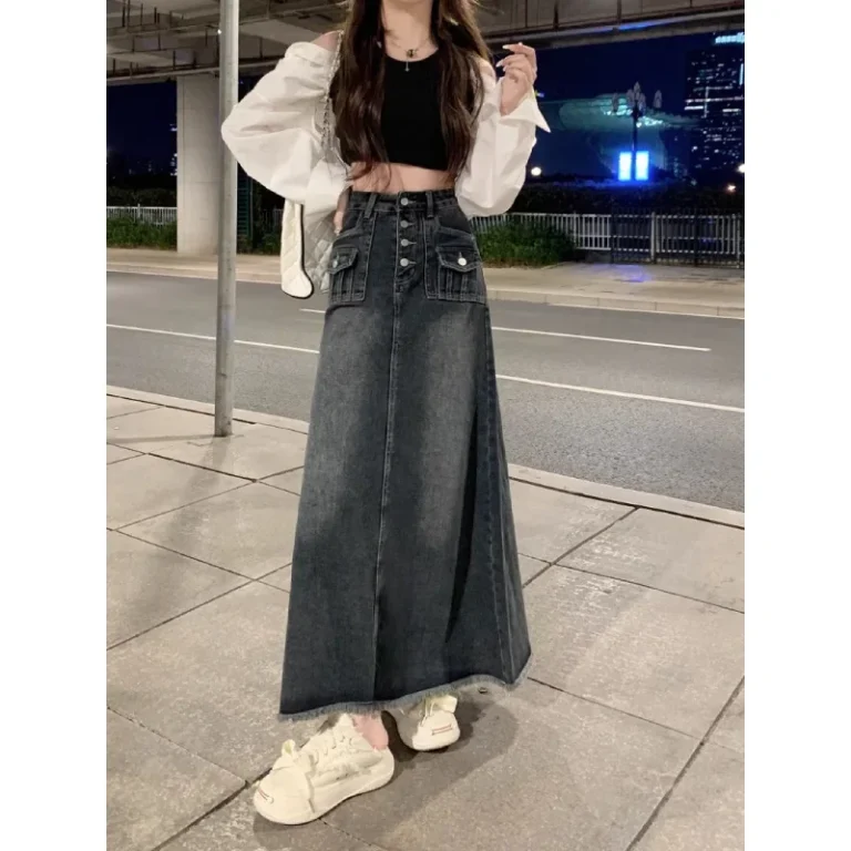 High Waist A- Line Denim Skirt Women's Spring Autumn Miniature Meat Conceal Slimming Frayed Mid-Length Umbrella Skirt - Image 5