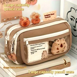7Pcs Cute Capybara Canvas Pencil Case Set with Doll Stickers Spacious Layered Compartment Zipper Closure Back to School Supplies - Image 5