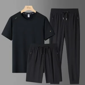 Summer New Men's Ice Silk Sports Set Quick Drying Breathable Cool Round Neck Short Sleeve Shorts Long Pants 3-Piece Set Large - Image 3