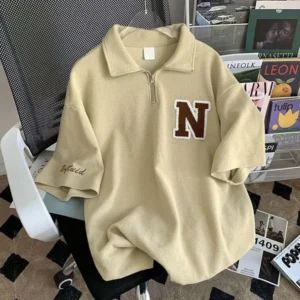 Waffle Texture Women T-shirt Shorts Set Zipper Neckline Letter Decor Men Women Loose T-shirt Shorts Jogger Outfit Sports Suit - Image 5
