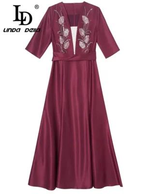 LD LINDA DELLA High Quality Women's Fashion Design Half Sleeve V-neck Embroidered Slimming High Waist Big Swing Dress - Image 5