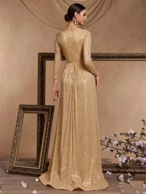 Lucyinlove Luxury V Neck Long Sleeves Blue Sequins Formal Evening Dress Women 2024 Wedding Party Prom Maxi Cocktail Dress Gowns - Image 2