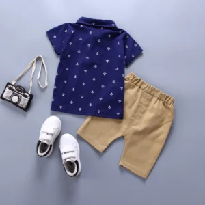 2PCS Baby Set Children's Summer Fashion Random Print Boat Anchor Pattern Short Sleeve Shorts Set - Image 2
