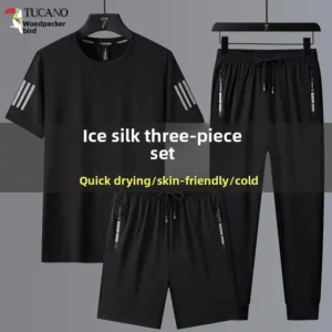 Ice Silk Summer Men's Casual Sportswear Set Short Sleeve T-Shirt Shorts Pants Running Three-piece Set Large Size Striped Pattern