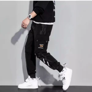 Black Men's Sweatpants Loose-Fit Casual Pants Trendy Brand Versatile 9/4ths Length Cargo Pants For Spring Summer Thin Style - Image 4