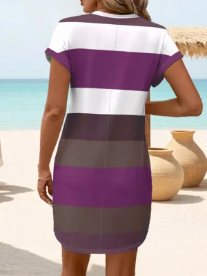 Chic Plus Size Dress: Elegant Stripes, Roll-Up Sleeves, Pockets - Comfortable & Casual Women's Dress - Image 6