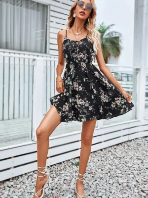 Sexy Floral Print Short Dress Women Summer Fashion Black Backless Beach Sundress Casual Sleeveless Lace-up New In Dresses 2024 - Image 6