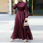 Women's Muslim Style Round Neck Long Sleeve Tie Up Waist Slim Fashion Elegant Robe Loose Dress