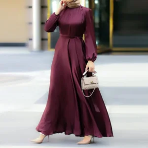 Women's Muslim Style Round Neck Long Sleeve Tie Up Waist Slim Fashion Elegant Robe Loose Dress