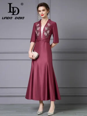 LD LINDA DELLA High Quality Women's Fashion Design Half Sleeve V-neck Embroidered Slimming High Waist Big Swing Dress