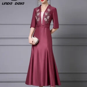 LD LINDA DELLA High Quality Women's Fashion Design Half Sleeve V-neck Embroidered Slimming High Waist Big Swing Dress