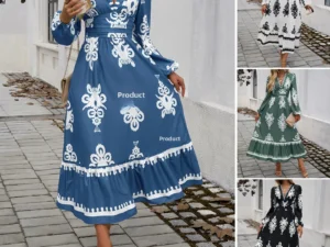 Elegant Autumn Winter V-neck A- line Dress Women's Fashionable Printed Dress Lantern Sleeve Full Length Knee-length Dress