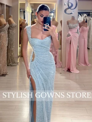 Women Evening Dress Spaghetti Strap Shiny Sequin Off Shoulder Sleeveless Low-cut High Split Loose Floor جديد في الأطقم الكامل - Image 3