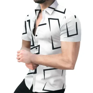 New Men's Shirts Fashion Stripes Print Short-sleeved Tees Summer Tops Men Turn-down Collar Button Casual T-shirt Clothing - Image 5