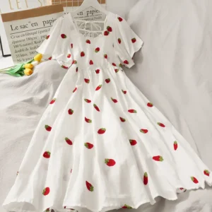 Summer Super Fairy White, Strawberry Printed Dress Women's Beautiful Bk 2024 New Ling Mid-Length Dress Ins Fashion