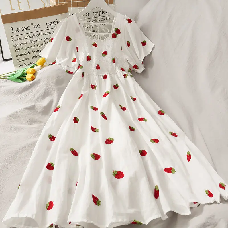 Summer Super Fairy White, Strawberry Printed Dress Women's Beautiful Bk 2024 New Ling Mid-Length Dress Ins Fashion