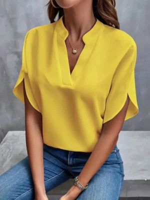 Summer Elegant Women's Blouse New V-neck Short Sleeve Solid Color Loose Shirt Casual White Tops Office Lady Blouses - Image 6