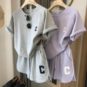 2025 women t-shirt shorts set Summer Tracksuit O Neck Letter Print Short Sleeve T-shirt Drawstring Shorts Sport Clothes - Image 2