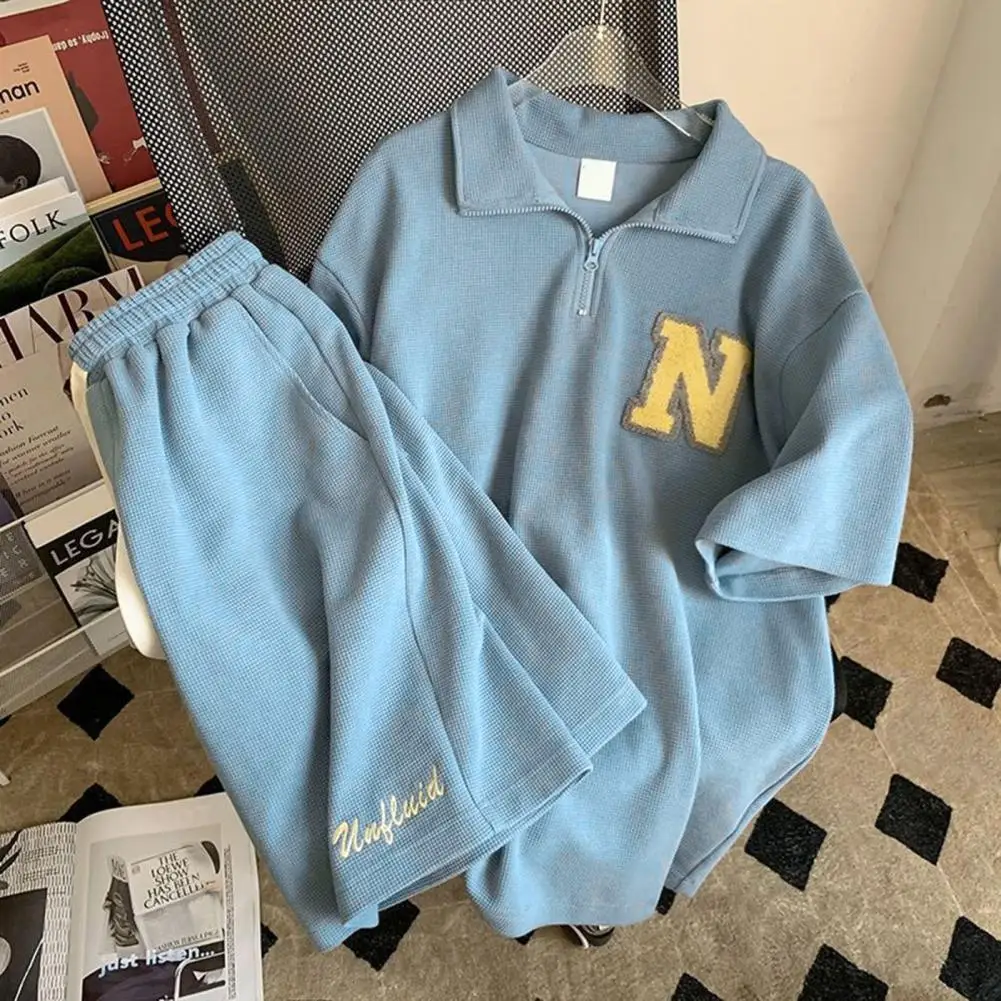 Waffle Texture Women T-shirt Shorts Set Zipper Neckline Letter Decor Men Women Loose T-shirt Shorts Jogger Outfit Sports Suit