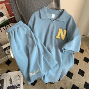Waffle Texture Women T-shirt Shorts Set Zipper Neckline Letter Decor Men Women Loose T-shirt Shorts Jogger Outfit Sports Suit
