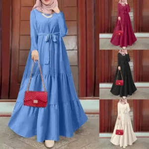 Cross-Border Muslim Solid Color Round Neck Long Sleeve Fashionable Dress With Belt Kaftan Style Casual Ethnic Wear