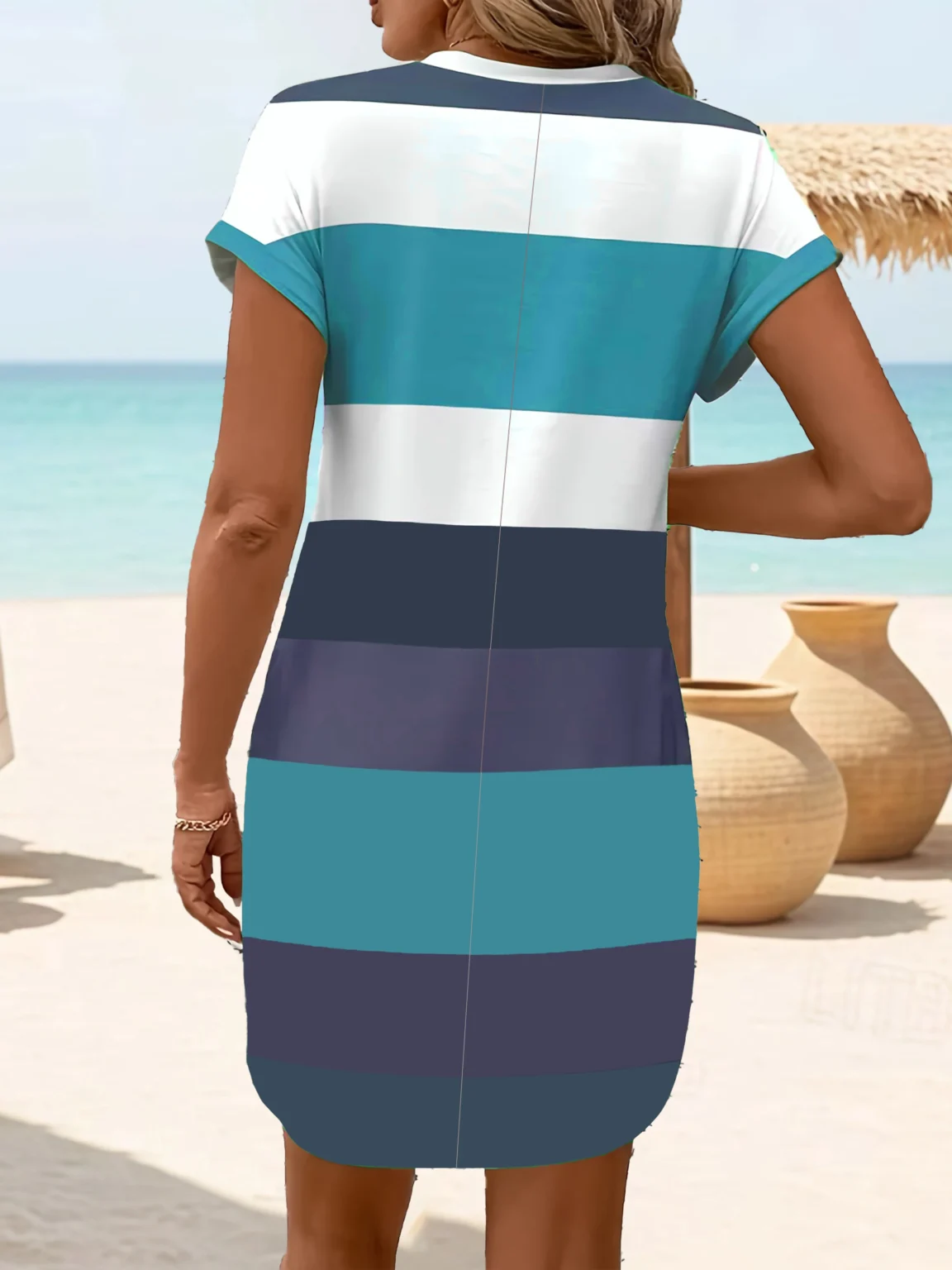 Chic Plus Size Dress: Elegant Stripes, Roll-Up Sleeves, Pockets - Comfortable & Casual Women's Dress - Image 4