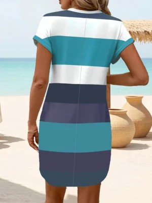 Chic Plus Size Dress: Elegant Stripes, Roll-Up Sleeves, Pockets - Comfortable & Casual Women's Dress - Image 4