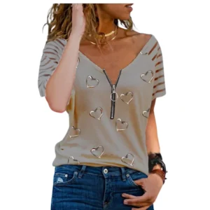 2023 Summer Fashion Women Loose Summer Loose Plus Size T-shirt Striped Short Sleeve Blouse Zipper V-neck Casual Tops - Image 5