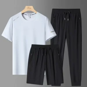 Summer New Men's Ice Silk Sports Set Quick Drying Breathable Cool Round Neck Short Sleeve Shorts Long Pants 3-Piece Set Large