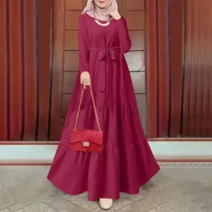 Cross-Border Muslim Solid Color Round Neck Long Sleeve Fashionable Dress With Belt Kaftan Style Casual Ethnic Wear - Image 4