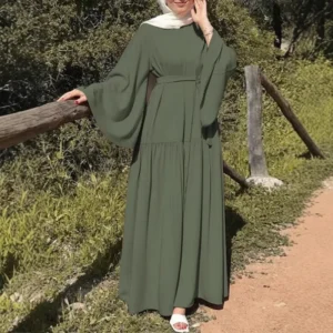 New Hot Sale Of The Season Long Casual Muslim Women's Dress with Bell Sleeves And Belt for Commuting Vacation Loose Fit Elegant - Image 3