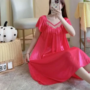 Summer Ice Silk Nightgowns for Women,Short Sleeve Sleep Dress Night Gowns Loose Sleepshirt Sleepwear Nightdress Gifts - Image 3