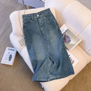 High Waist Slit Denim Mini Skirt Women's Korean Style Spring Summer Small Size Half Skirt Retro Bodycon Long Skirt - Image 3