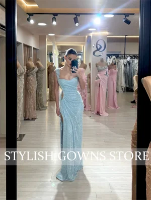 Women Evening Dress Spaghetti Strap Shiny Sequin Off Shoulder Sleeveless Low-cut High Split Loose Floor جديد في الأطقم الكامل - Image 5