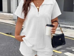Women Summer White Short Sleeve 2-piece Set Fashion Zippered T-shirt Top + Shorts Casual Home Two Piece Set Woman Sports Suit