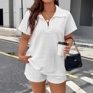 Women Summer White Short Sleeve 2-piece Set Fashion Zippered T-shirt Top + Shorts Casual Home Two Piece Set Woman Sports Suit