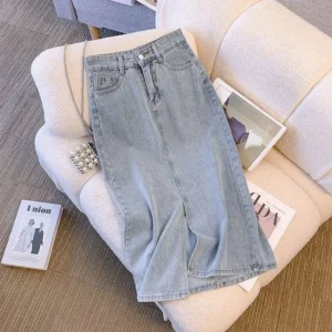 High Waist Slit Denim Mini Skirt Women's Korean Style Spring Summer Small Size Half Skirt Retro Bodycon Long Skirt - Image 2