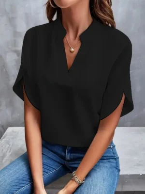 Summer Elegant Women's Blouse New V-neck Short Sleeve Solid Color Loose Shirt Casual White Tops Office Lady Blouses - Image 4