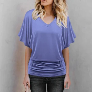 2024 New Summer Commuting Minimalist Loose Fit Plus Size Straight Tube Batwing Sleeve Solid V-neck Hem Folds Women's T-shirt Top - Image 2