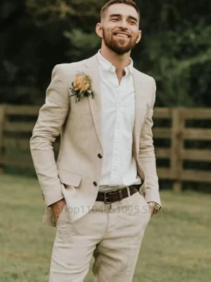 Wedding Linen Slim Fit Suits for Men Notched Lapel Balzer Pants Groom Tuxedo Casual Man Clothes Summer Costumes Homme Mens Suit - Image 3