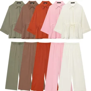 TFMLN Summer New Women's Pants 2-piece Set Solid Color Long Sleeved Belt Shirt Loose Pants Casual Fashion Ladies Simple Sets
