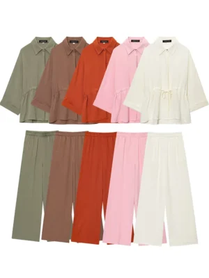 TFMLN Summer New Women's Pants 2-piece Set Solid Color Long Sleeved Belt Shirt Loose Pants Casual Fashion Ladies Simple Sets