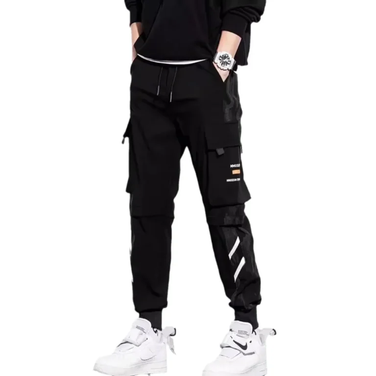 Black Men's Sweatpants Loose-Fit Casual Pants Trendy Brand Versatile 9/4ths Length Cargo Pants For Spring Summer Thin Style - Image 5