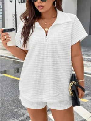 Women Summer White Short Sleeve 2-piece Set Fashion Zippered T-shirt Top + Shorts Casual Home Two Piece Set Woman Sports Suit - Image 5
