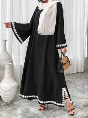 Rafiah Loose Turkish Maxi Dress Patchwork Simple with Wide Sleeves and Ribbon Trim for Women Arabian Dress - Image 5