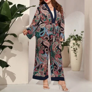 Plus Size Rafiah Women's Summer 2025 Sets Paisley Print Long Sleeve Top Wide Leg Pants Contrast Trim Retro Two Piece Sets - Image 6